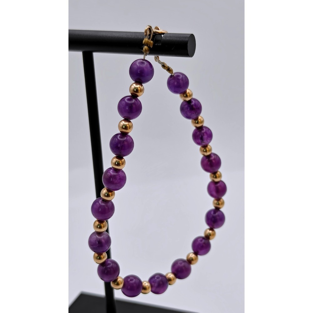 14K Yellow Gold Amethyst Beaded Bracelet Purple Gemstone Spring Ring 7.25"